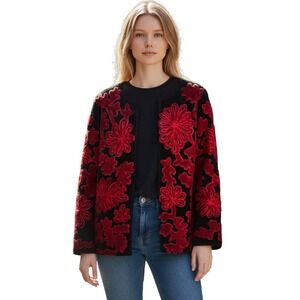 Chico's Wool Embroidered Floral Jacket Sz 1 / M Lined Retro Art Boho Black Red